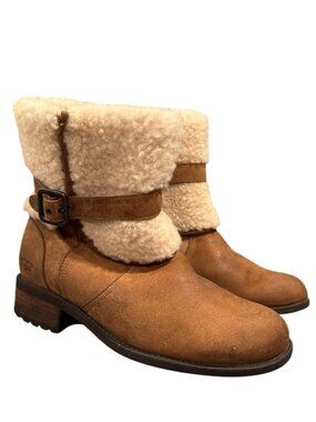 UGG Blayre II Boots Women's 8.5 Chestnut Suede Shearling Buckle Side Zip EUC
